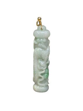 Carved Icy Jade Pillar Amulet Dragon Pendant 18K Gold Bail 18.11g 2" Estate